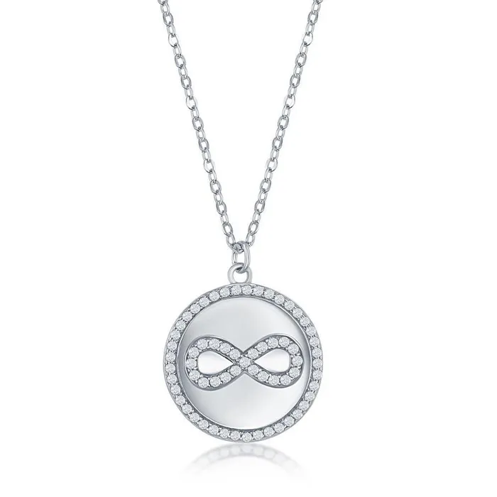Classic Sterlilng Silver Micro Pave CZ Disc Necklace Infinity Necklaces