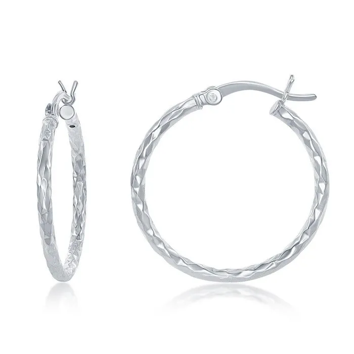 Classic Sterling Silver Diamond Cut Hoop Earrings 25 mm Earrings