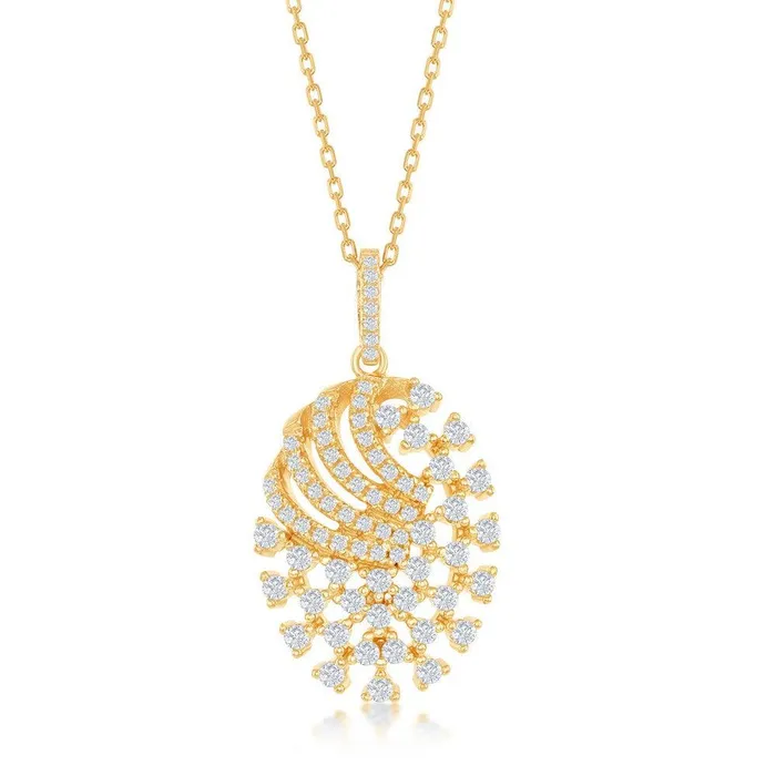 Classic Sterling Silver Gold Plated Designed CZ Oval Pendant Necklaces
