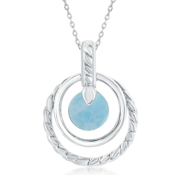 Classic Sterling Silver Round Larimar Rope Design Pendant Necklaces