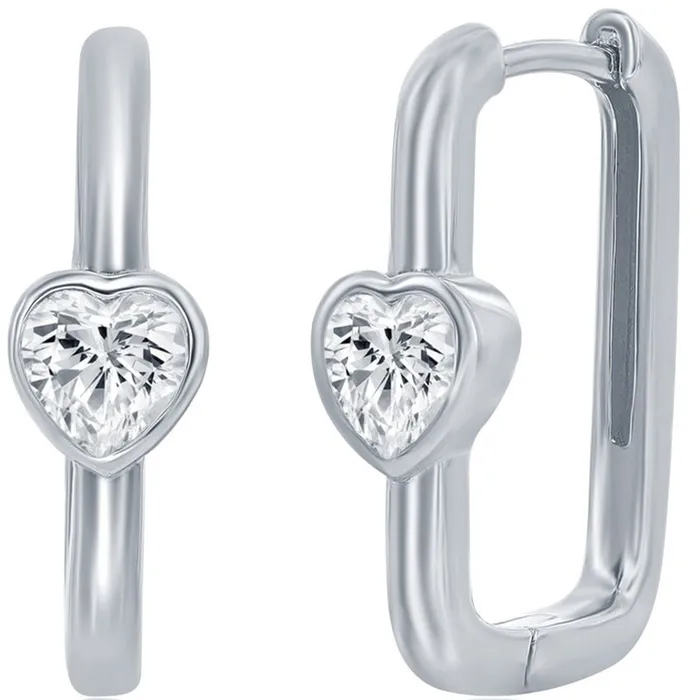 Classic Womens Earrings Sterling Silver CZ Heart Shaped Rectangle Hinged D8216 Classic Earrings Classic Womens Earrings Sterling Silver CZ Heart Shaped Rectangle Hinged D8216 Classic Earrings