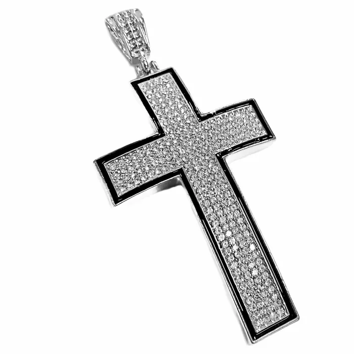 Cross Iced Pendant Flooded Silver Tone Black Trim Bling Cartel Necklaces