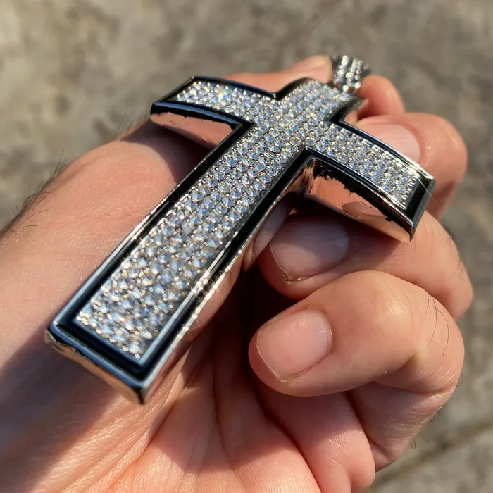 Cross Iced Pendant Flooded Silver Tone Black Trim Bling Cartel Necklaces Cross Iced Pendant Flooded Silver Tone Black Trim Bling Cartel Necklaces