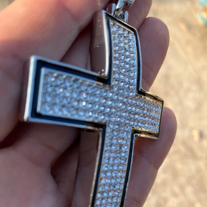 Cross Iced Pendant Flooded Silver Tone Black Trim Bling Cartel Necklaces Cross Iced Pendant Flooded Silver Tone Black Trim Bling Cartel Necklaces