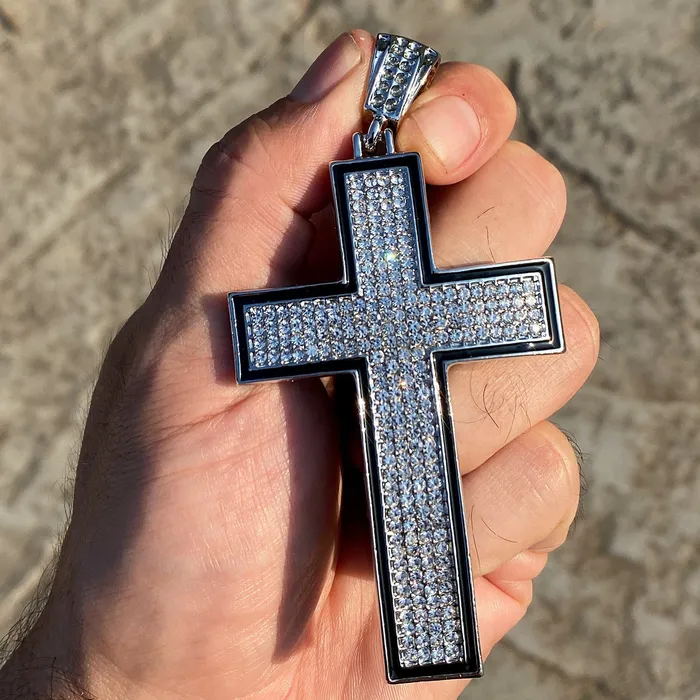 Cross Iced Pendant Flooded Silver Tone Black Trim Bling Cartel Necklaces Cross Iced Pendant Flooded Silver Tone Black Trim Bling Cartel Necklaces