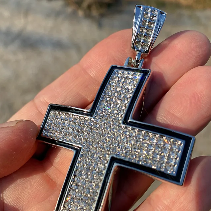 Cross Iced Pendant Flooded Silver Tone Black Trim Bling Cartel Necklaces Cross Iced Pendant Flooded Silver Tone Black Trim Bling Cartel Necklaces
