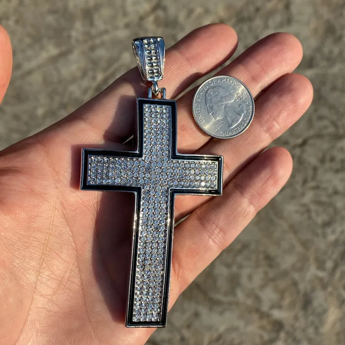 Cross Iced Pendant Flooded Silver Tone Black Trim Bling Cartel Necklaces Cross Iced Pendant Flooded Silver Tone Black Trim Bling Cartel Necklaces