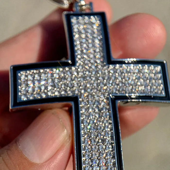 Cross Iced Pendant Flooded Silver Tone Black Trim Bling Cartel Necklaces Cross Iced Pendant Flooded Silver Tone Black Trim Bling Cartel Necklaces