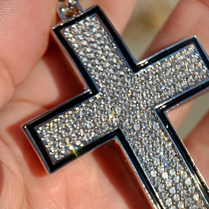 Cross Iced Pendant Flooded Silver Tone Black Trim Bling Cartel Necklaces Cross Iced Pendant Flooded Silver Tone Black Trim Bling Cartel Necklaces