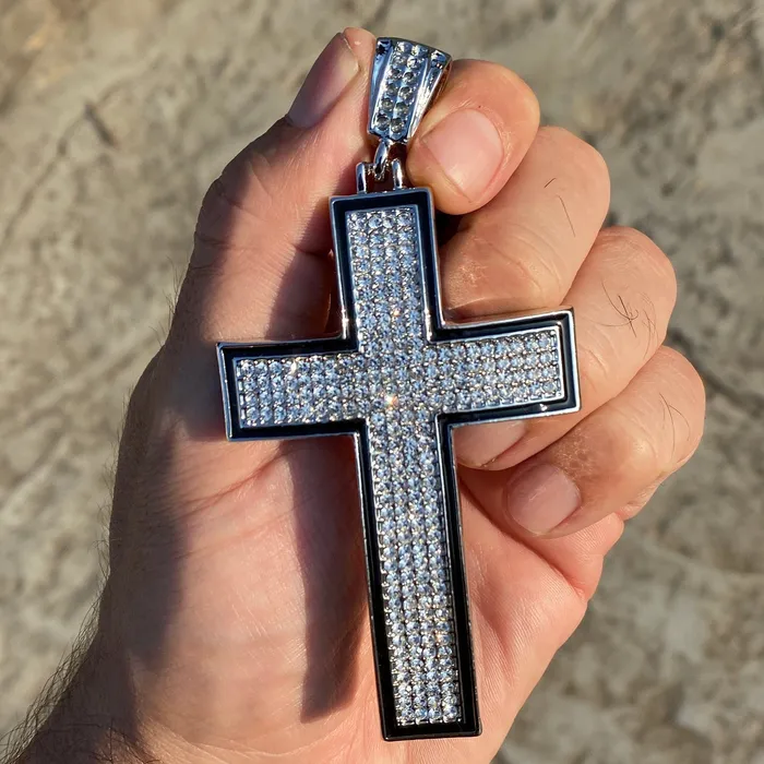 Cross Iced Pendant Flooded Silver Tone Black Trim Bling Cartel Necklaces Cross Iced Pendant Flooded Silver Tone Black Trim Bling Cartel Necklaces