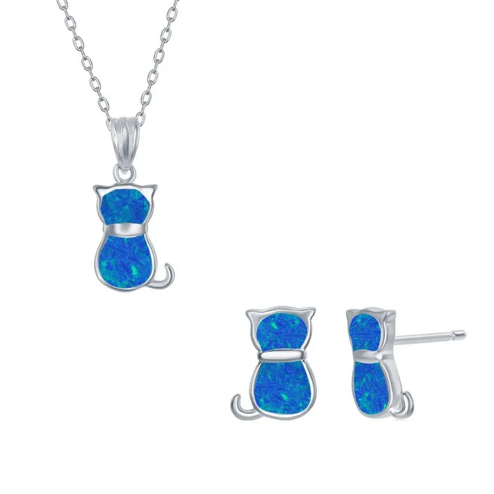 Earrings Classic Womens Necklace and Earrings Set Sterling Silver Blue Opal Cat SET577 Earrings Classic Womens Necklace and Earrings Set Sterling Silver Blue Opal Cat SET577