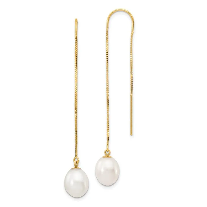 Earrings Jewelry 14k 78mm White Rice FW Cultured Pearl Box Chain Threader Earrings Earrings Jewelry 14k 78mm White Rice FW Cultured Pearl Box Chain Threader Earrings