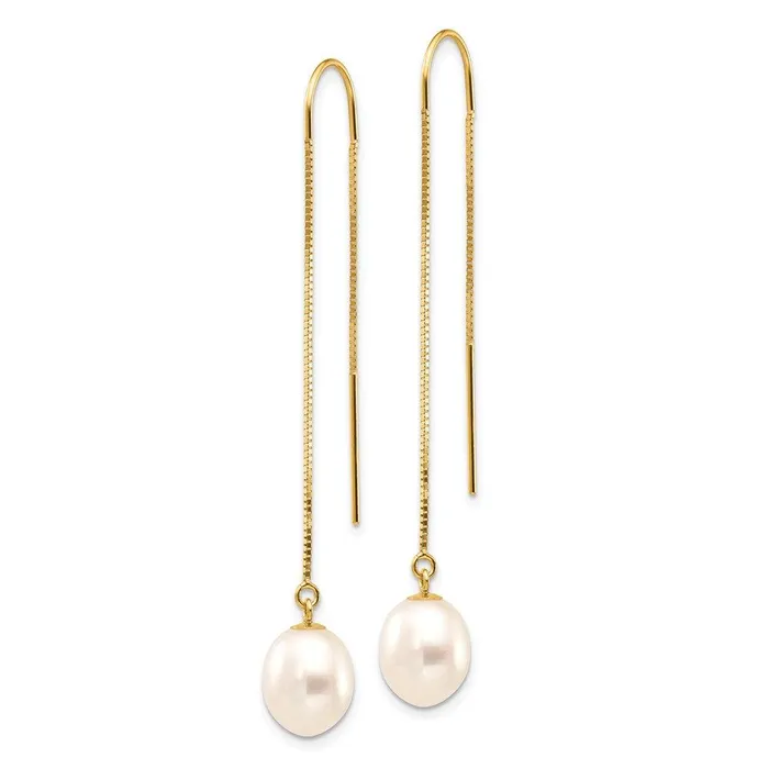 Earrings Jewelry 14k 78mm White Rice FW Cultured Pearl Box Chain Threader Earrings Earrings Jewelry 14k 78mm White Rice FW Cultured Pearl Box Chain Threader Earrings