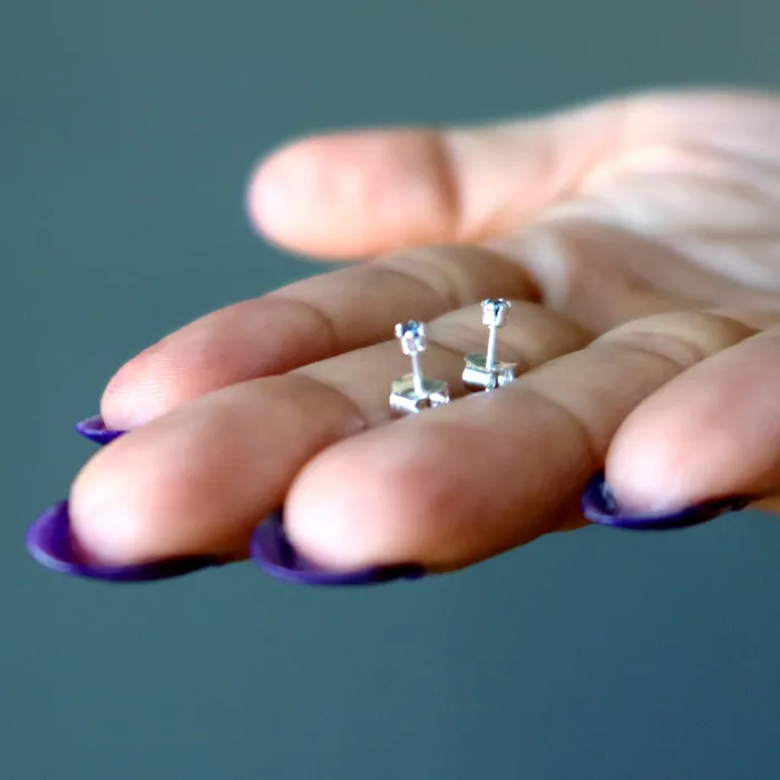 Earrings Satin Crystals Sapphire Earrings Faceted Blue Gem Studs Sterling Silver