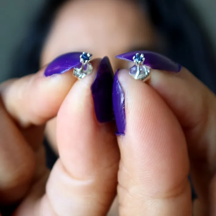 Earrings Satin Crystals Sapphire Earrings Faceted Blue Gem Studs Sterling Silver