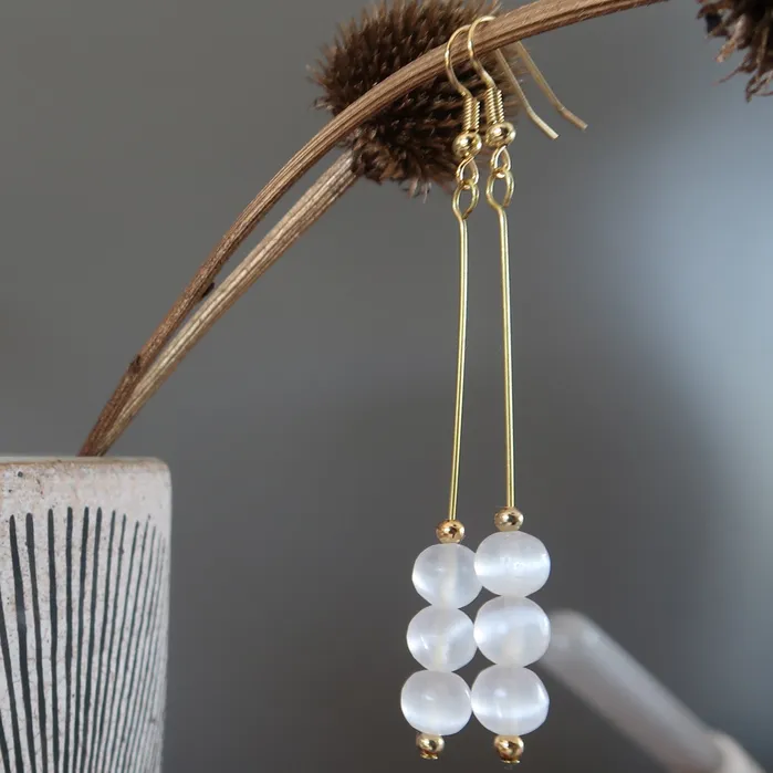 Earrings Selenite Earrings Radiant White Beads Long Gold Satin Crystals