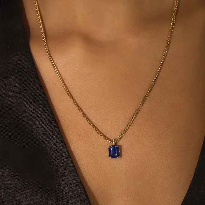 EMERALD CUT BLUE SAPPHIRE PENDANT Anita Ko Necklaces