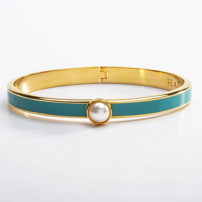 Halcyon Days Earrings Halcyon Days Skinny Cabochon Pearl Turquoise Gold Bangle
