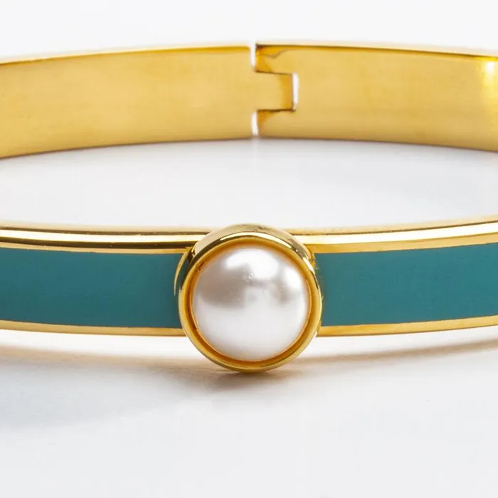 Halcyon Days Earrings Halcyon Days Skinny Cabochon Pearl Turquoise Gold Bangle