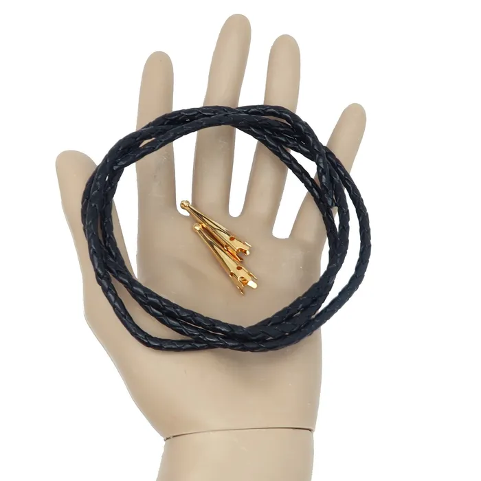 Leather Bolo Cord Necklace Black Braided Gold Tips Satin Crystals Necklaces