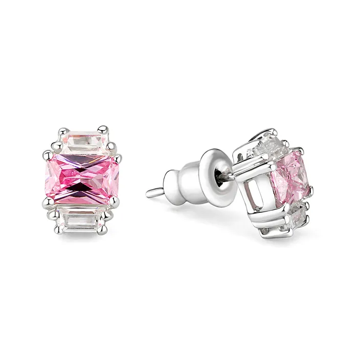 LO5S124 Sterling Silver Earrings With CZ Pink In High Polished No Plated Alamode Earrings