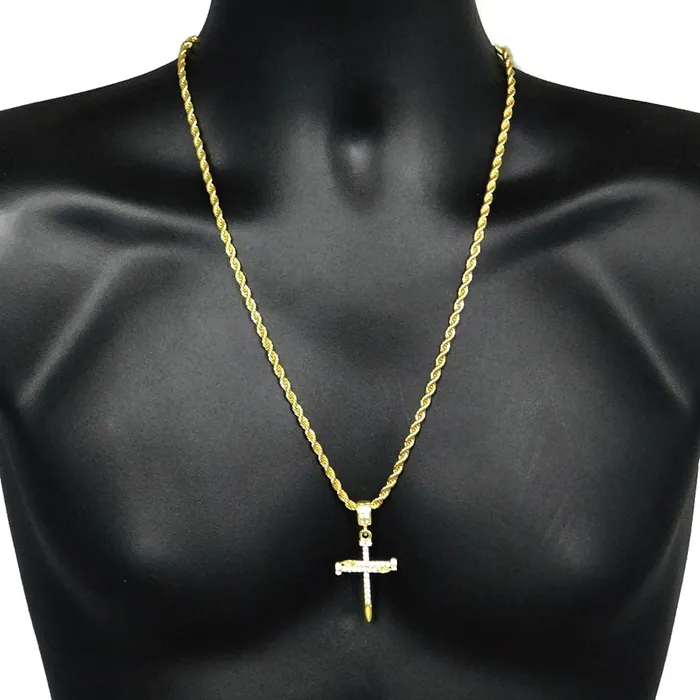 Nail Cross Iced Pendant Gold Finish Rope Chain Necklace 24 Bling Cartel Admin Necklaces