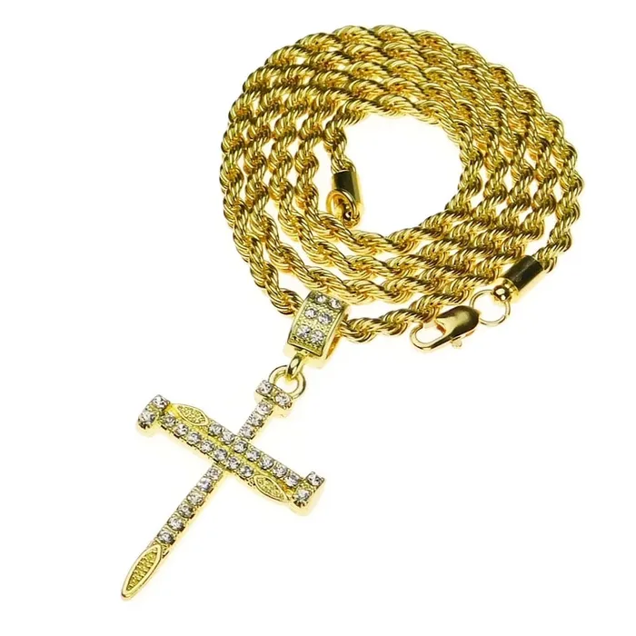 Nail Cross Iced Pendant Gold Finish Rope Chain Necklace 24 Bling Cartel Admin Necklaces