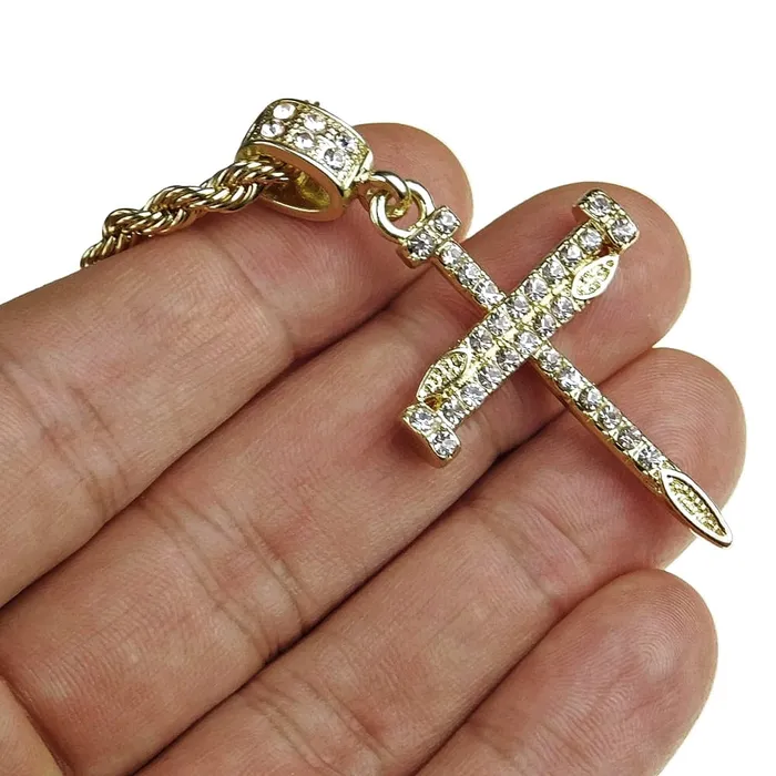 Nail Cross Iced Pendant Gold Finish Rope Chain Necklace 24 Bling Cartel Admin Necklaces
