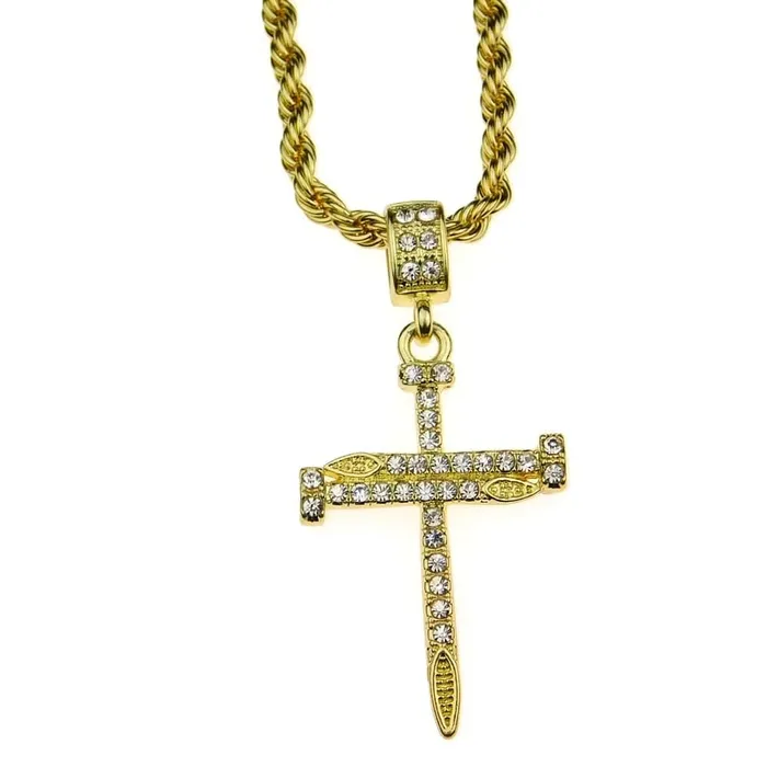 Nail Cross Iced Pendant Gold Finish Rope Chain Necklace 24 Bling Cartel Admin Necklaces