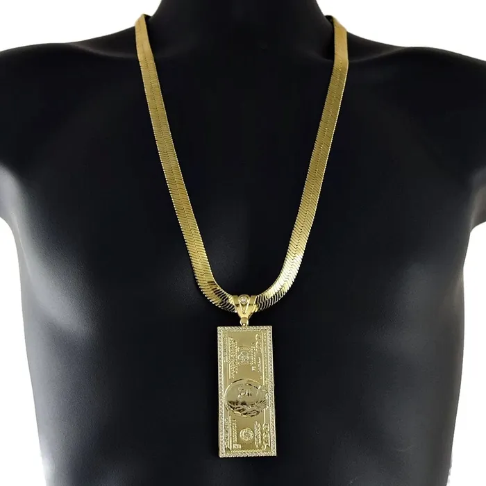 Necklaces Bling Cartel Admin 14K Gold Plated 30x11 Herringbone Chain 100 Dollar Bill Pendant Necklace