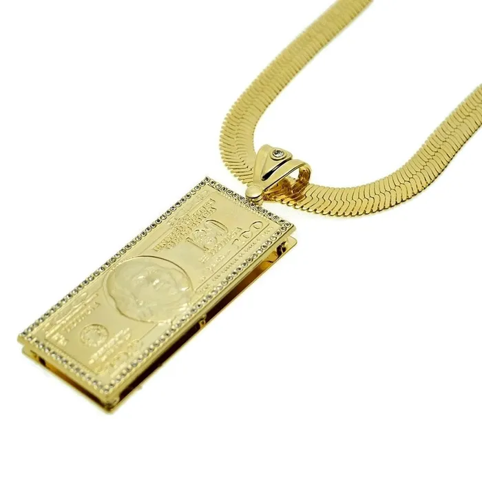 Necklaces Bling Cartel Admin 14K Gold Plated 30x11 Herringbone Chain 100 Dollar Bill Pendant Necklace Necklaces Bling Cartel Admin 14K Gold Plated 30x11 Herringbone Chain 100 Dollar Bill Pendant Necklace