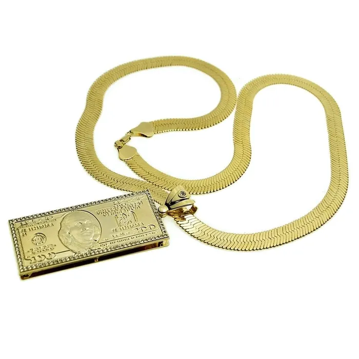 Necklaces Bling Cartel Admin 14K Gold Plated 30x11 Herringbone Chain 100 Dollar Bill Pendant Necklace Necklaces Bling Cartel Admin 14K Gold Plated 30x11 Herringbone Chain 100 Dollar Bill Pendant Necklace