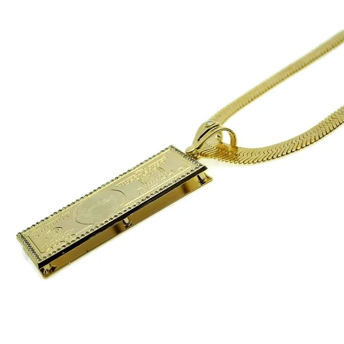 Necklaces Bling Cartel Admin 14K Gold Plated 30x11 Herringbone Chain 100 Dollar Bill Pendant Necklace Necklaces Bling Cartel Admin 14K Gold Plated 30x11 Herringbone Chain 100 Dollar Bill Pendant Necklace