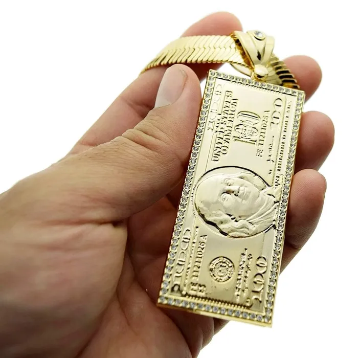 Necklaces Bling Cartel Admin 14K Gold Plated 30x11 Herringbone Chain 100 Dollar Bill Pendant Necklace Necklaces Bling Cartel Admin 14K Gold Plated 30x11 Herringbone Chain 100 Dollar Bill Pendant Necklace