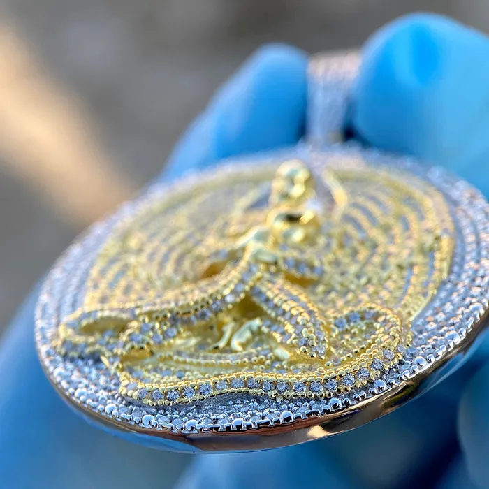 Necklaces Bling Cartel Euphanasia Pendant Medallion Iced Gold Finish over 925 Silver Silver Trim Necklaces Bling Cartel Euphanasia Pendant Medallion Iced Gold Finish over 925 Silver Silver Trim