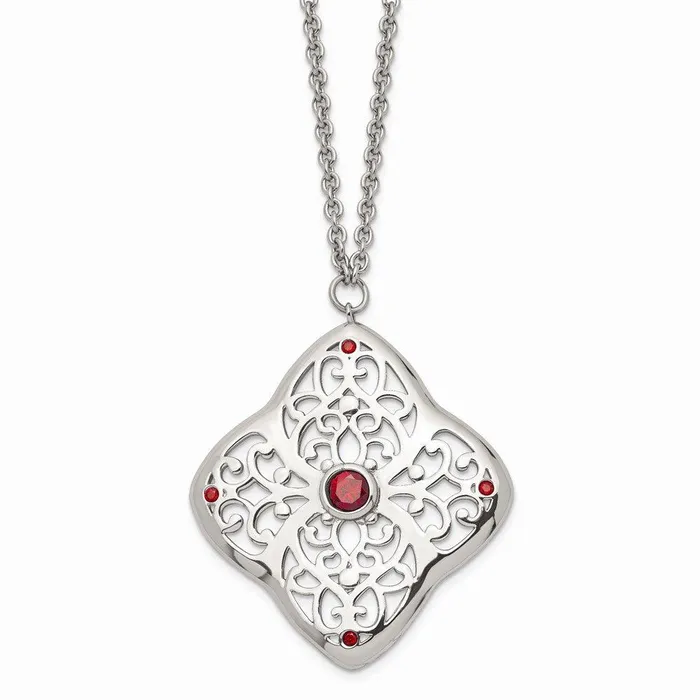 Necklaces Chisel Stainless Steel Red CZ Square with 2in ext Necklace