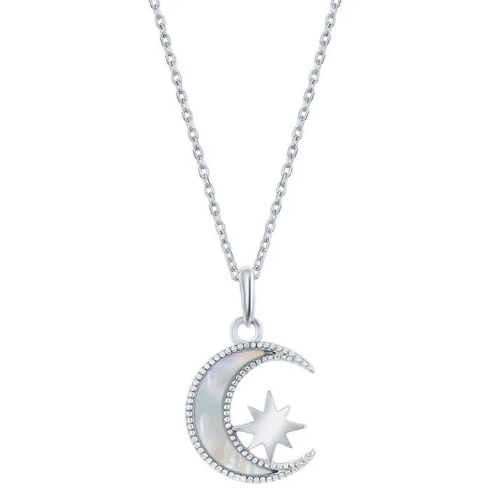 Necklaces Classic Classic Womens Necklace Sterling Silver White MOP Crescent Moon with Star M6800 Necklaces Classic Classic Womens Necklace Sterling Silver White MOP Crescent Moon with Star M6800