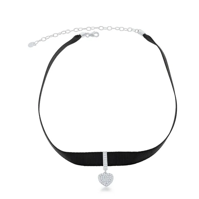 Necklaces Classic Sterling Silver Black Nylon with Center CZ Heart Choker Necklace