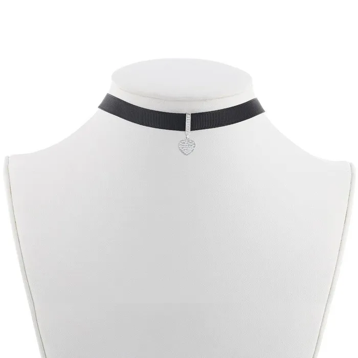 Necklaces Classic Sterling Silver Black Nylon with Center CZ Heart Choker Necklace Necklaces Classic Sterling Silver Black Nylon with Center CZ Heart Choker Necklace