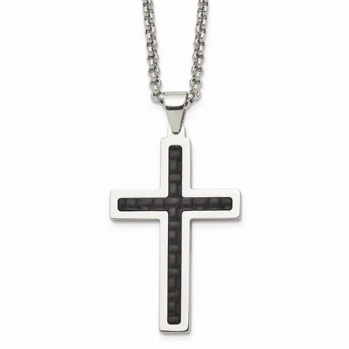 Necklaces Stainless Steel Polished Black Genuine Leather Inlay Cross Necklace Chisel Necklaces Stainless Steel Polished Black Genuine Leather Inlay Cross Necklace Chisel