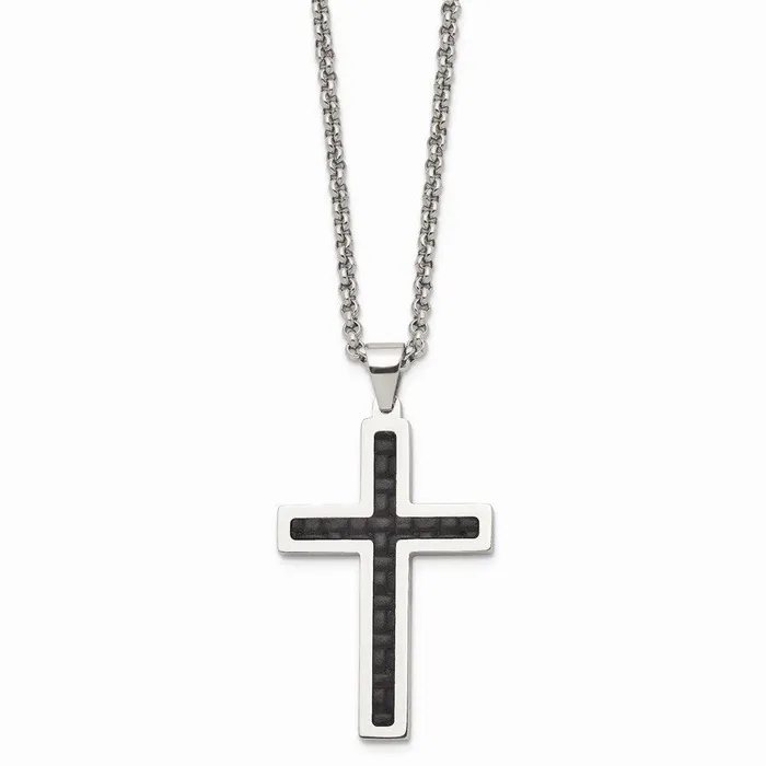 Necklaces Stainless Steel Polished Black Genuine Leather Inlay Cross Necklace Chisel Necklaces Stainless Steel Polished Black Genuine Leather Inlay Cross Necklace Chisel