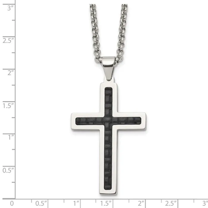 Necklaces Stainless Steel Polished Black Genuine Leather Inlay Cross Necklace Chisel Necklaces Stainless Steel Polished Black Genuine Leather Inlay Cross Necklace Chisel