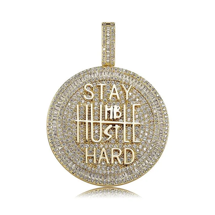 Necklaces VVS Jewelry Fully Iced Stay Humble Hustle Hard Round Pendant Chain Necklaces VVS Jewelry Fully Iced Stay Humble Hustle Hard Round Pendant Chain