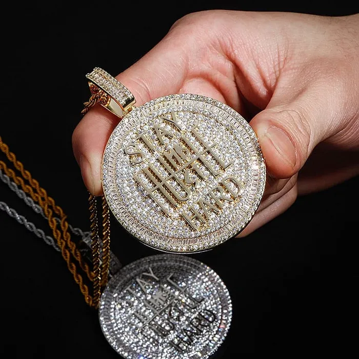 Necklaces VVS Jewelry Fully Iced Stay Humble Hustle Hard Round Pendant Chain