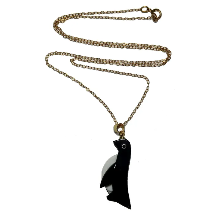 Onyx Necklace Howlite Penguin 14Karat Gold Satin Crystals Necklaces