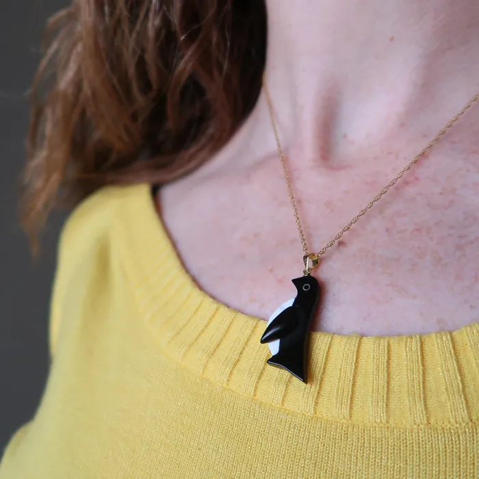 Onyx Necklace Howlite Penguin 14Karat Gold Satin Crystals Necklaces