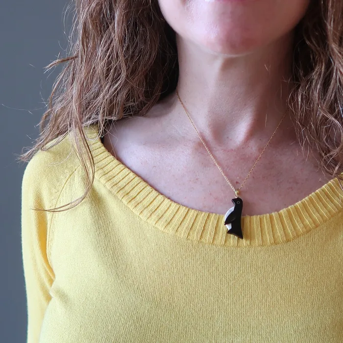 Onyx Necklace Howlite Penguin 14Karat Gold Satin Crystals Necklaces