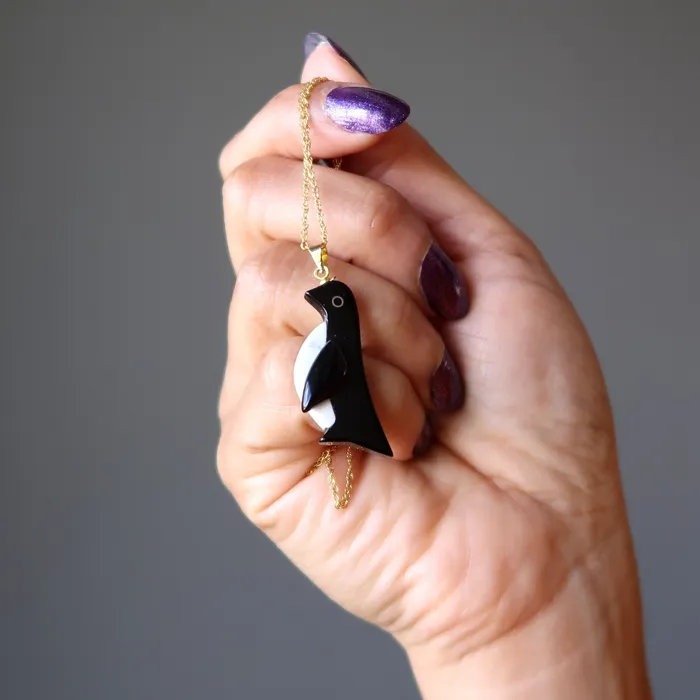 Onyx Necklace Howlite Penguin 14Karat Gold Satin Crystals Necklaces