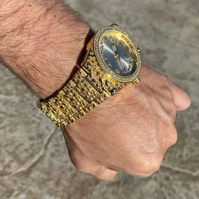 PreStyled Sets Bling Cartel Arabic Numerals Gold Finish Gold Face Dial Iced Nugget Watch PreStyled Sets Bling Cartel Arabic Numerals Gold Finish Gold Face Dial Iced Nugget Watch