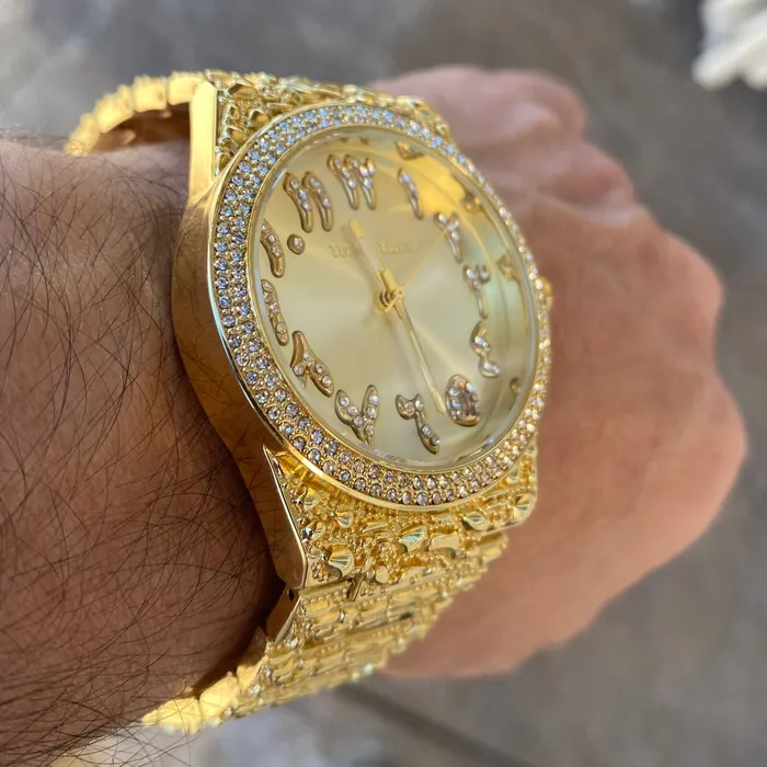 PreStyled Sets Bling Cartel Arabic Numerals Gold Finish Gold Face Dial Iced Nugget Watch PreStyled Sets Bling Cartel Arabic Numerals Gold Finish Gold Face Dial Iced Nugget Watch